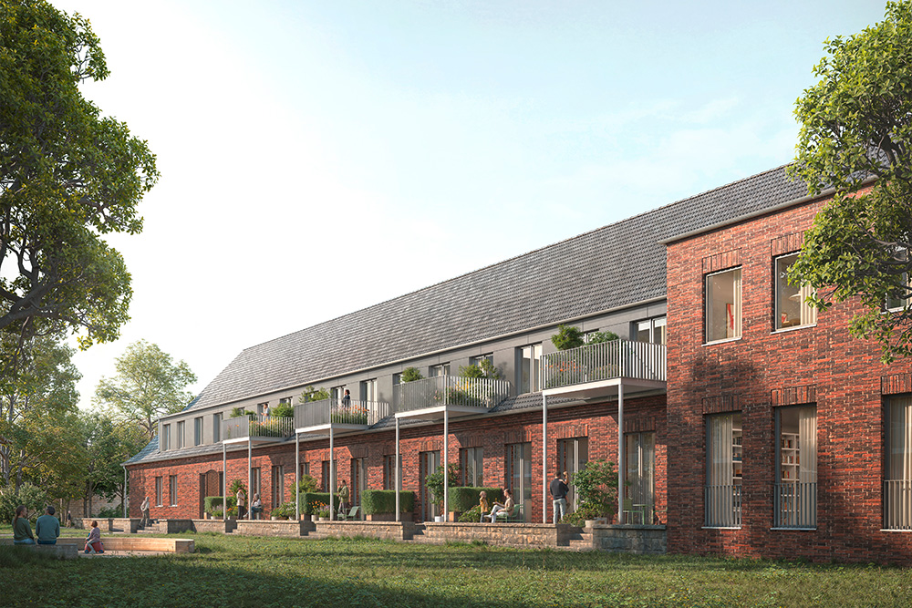 Rendering von Backsteingebäuden im Grünen