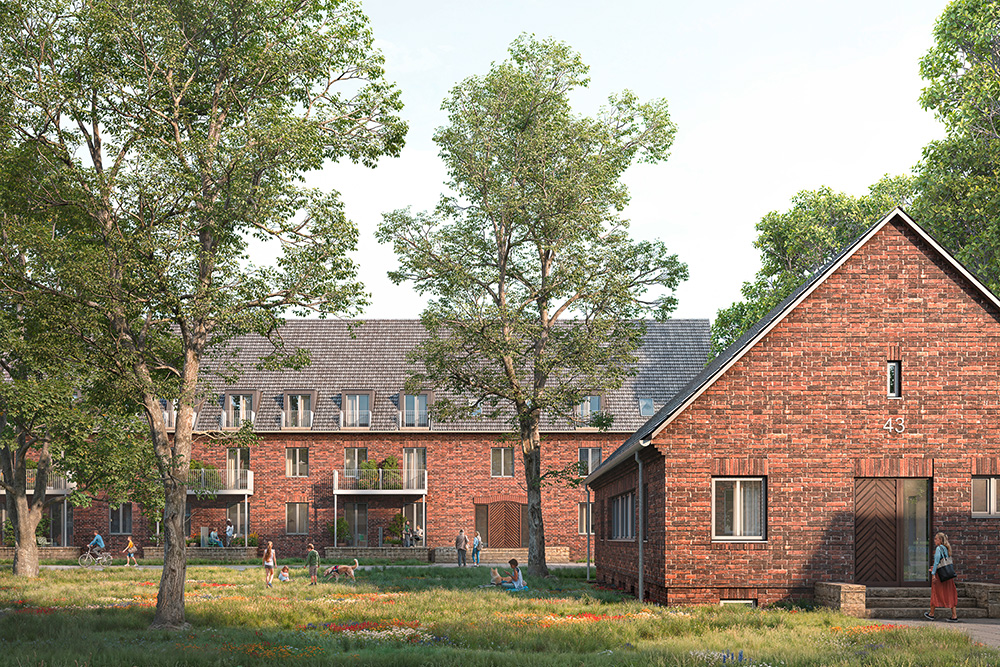 Rendering von Backsteingebäuden im Grünen mit Balkonen
