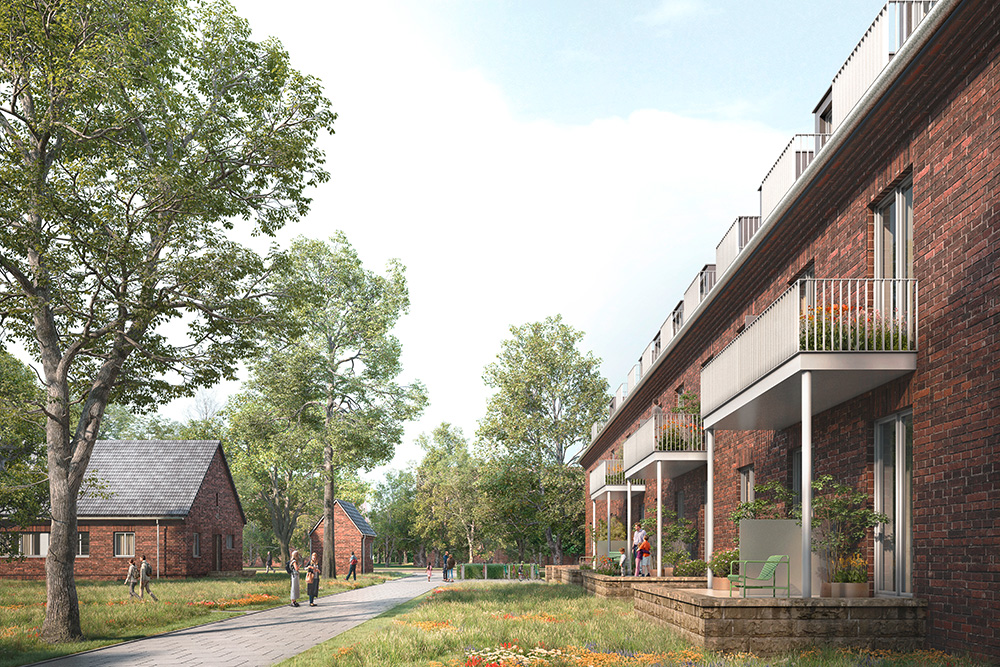 Rendering von Backsteingebäuden im Grünen mit Balkonen