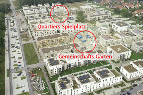 Luftbild vom York Quartier mit Markierung des Gemeinschaftsgarten